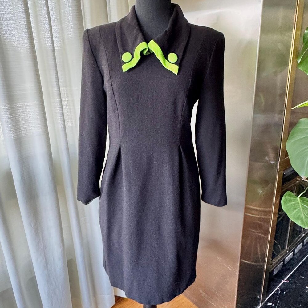Vintage 70s shift dress, black wool, lime green lapels & buttons, long sleeves